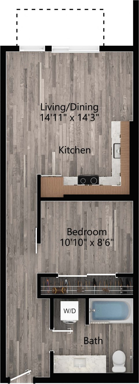 Floor plan for 1 bed, 1 bath, 637 sqft